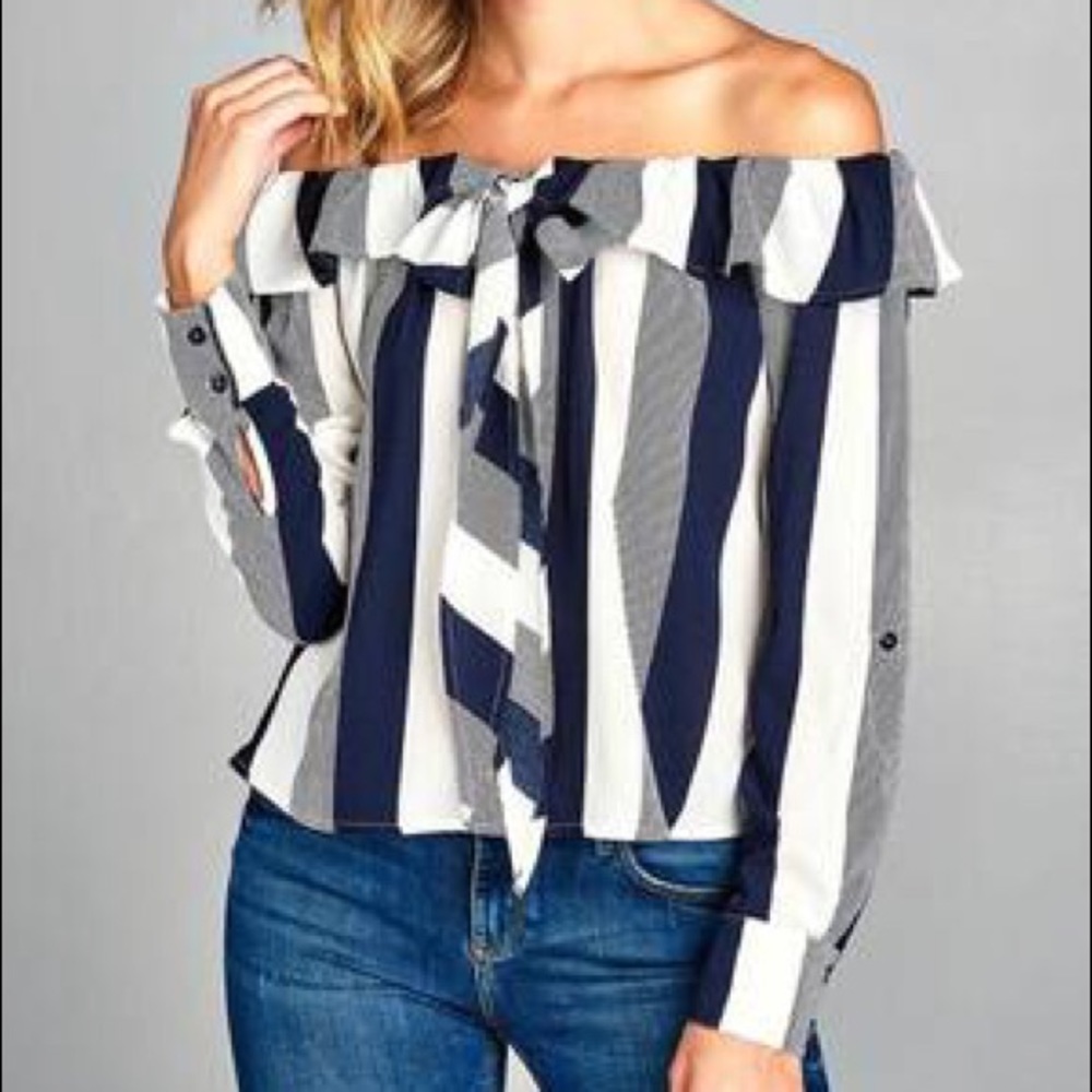 Off The Shoulder Flounce Ribbon Tie Stripe Top
